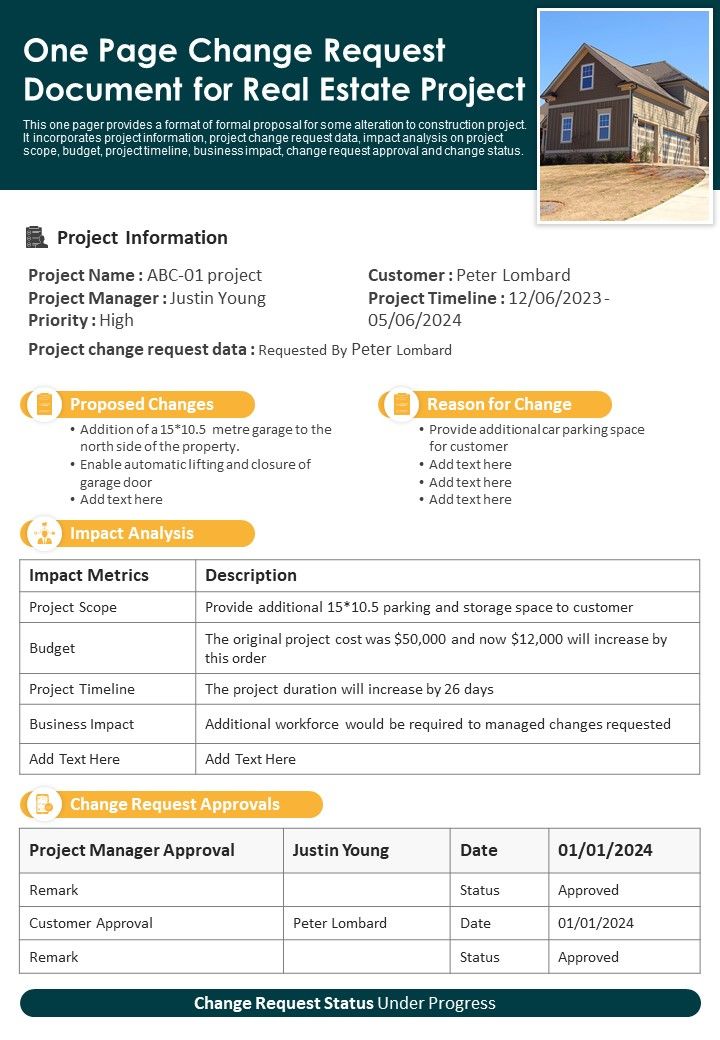 One Page Change Request Document For Real Estate Project PDF Document PPT Template Slide01