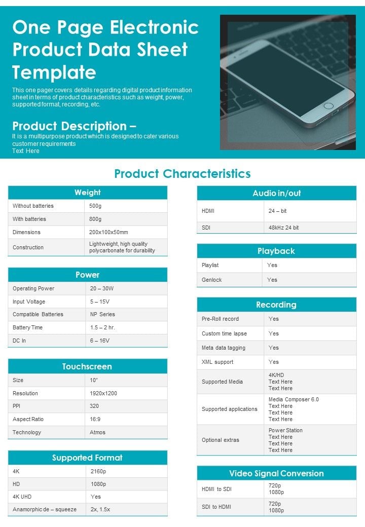 One Page Electronic Product Data Sheet Template PDF Document PPT Template