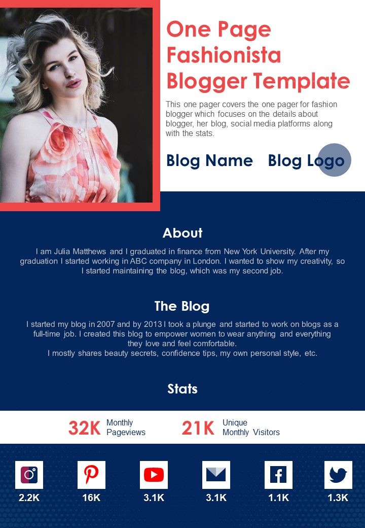 One Page Fashionista Blogger Template PDF Document PPT Template Slide01