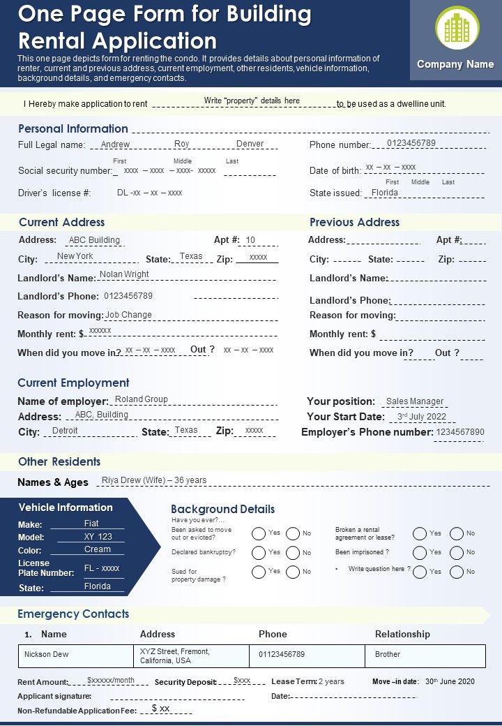 One Page Form For Building Rental Application PDF Document PPT Template