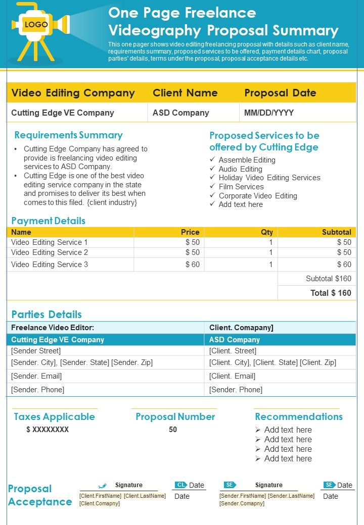 One Page Freelance Videography Proposal Summary PDF Document PPT Template