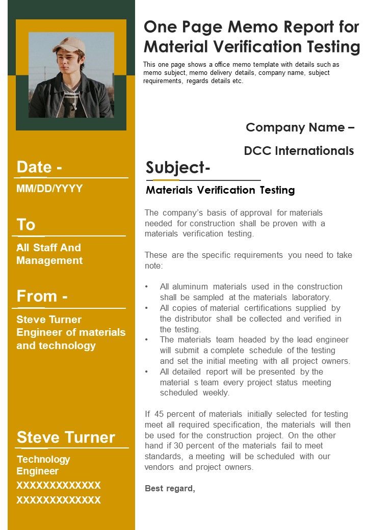 One Page Memo Report For Material Verification Testing PDF Document PPT