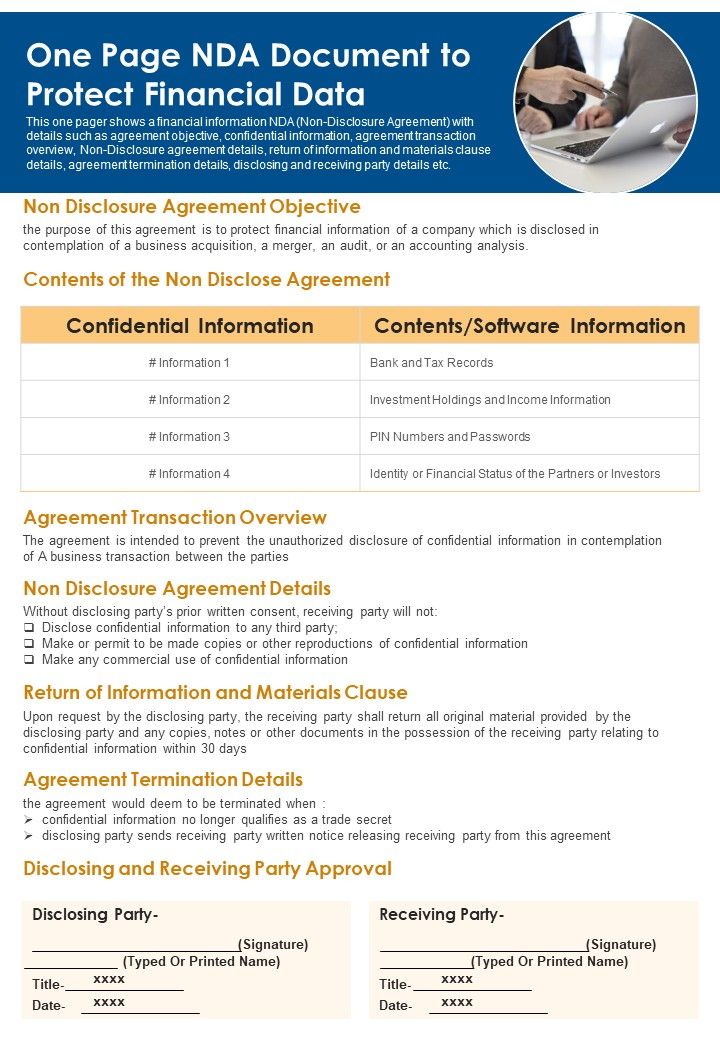 One Page NDA Document To Protect Financial Data PDF Document PPT Template