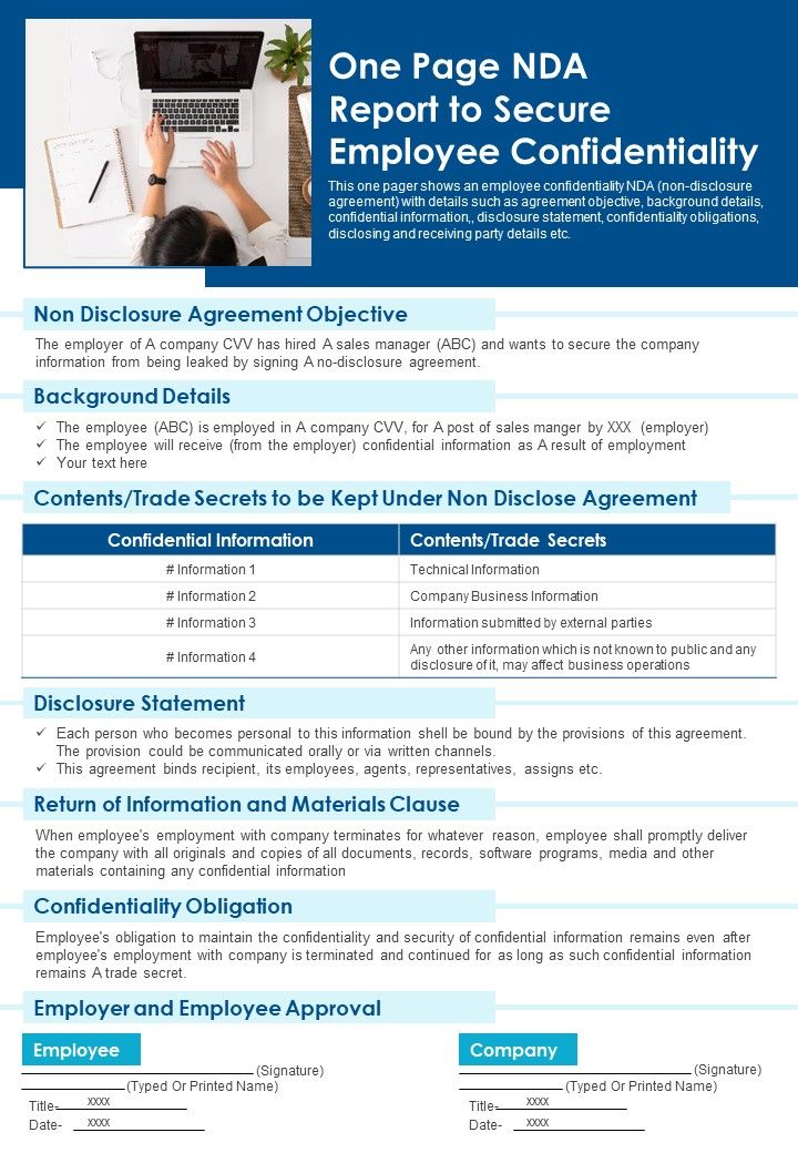 One Page NDA Report To Secure Employee Confidentiality PDF Document PPT