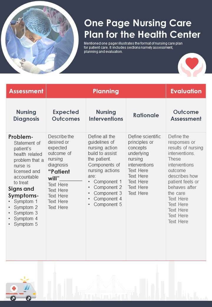 One Page Nursing Care Plan For The Health Center PDF Document PPT Template