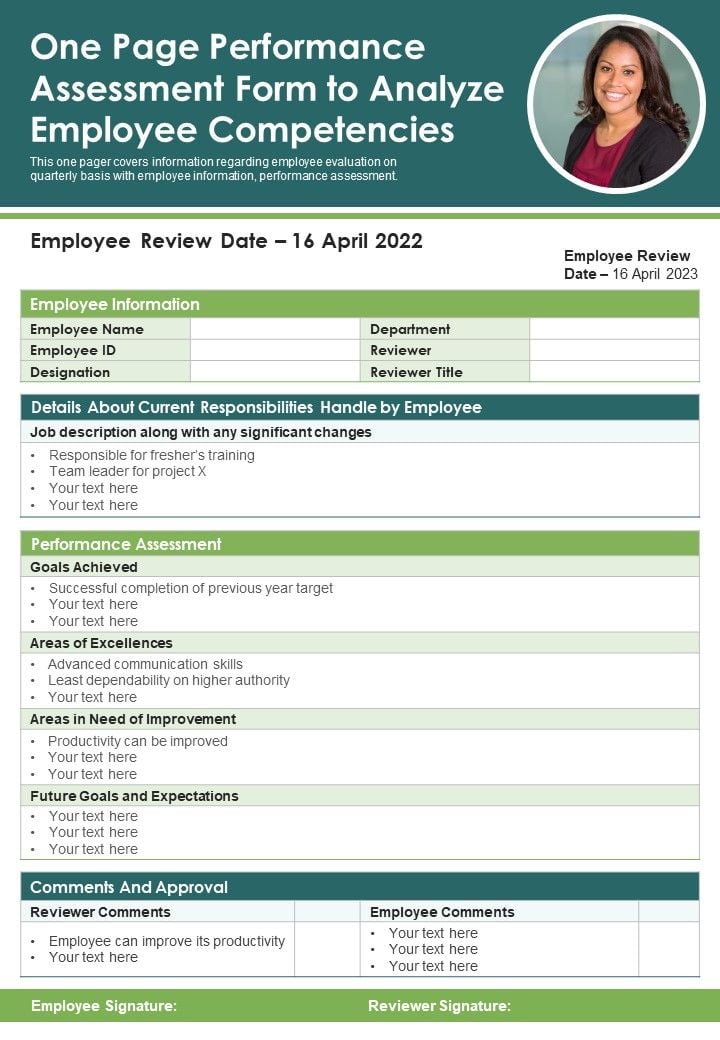One Page Performance Assessment Form To Analyze Employee Competencies ...