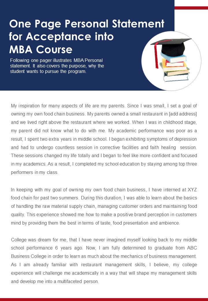One Page Personal Statement For Acceptance Into MBA Course PDF Document ...