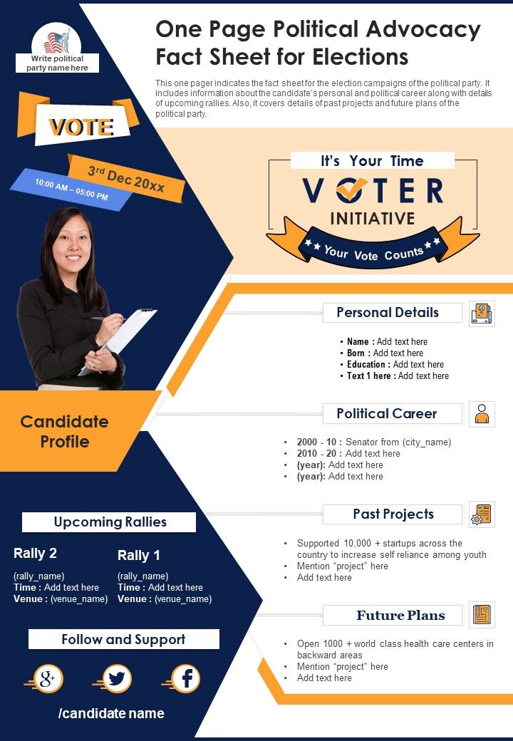 One Page Political Advocacy Fact Sheet For Elections PDF Document PPT ...