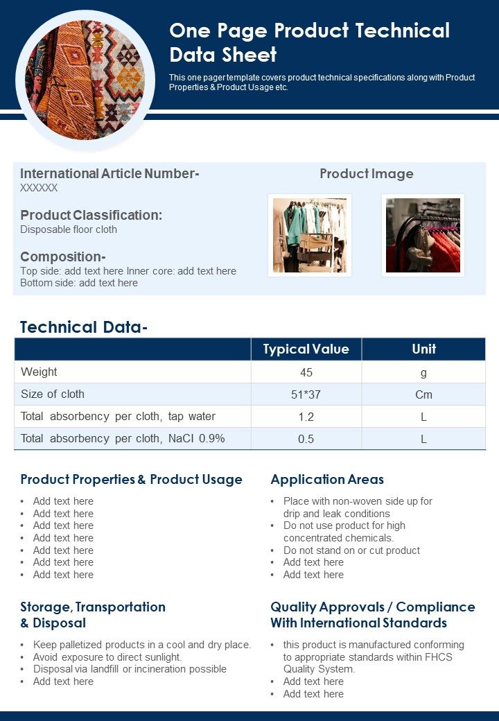 One Page Product Technical Data Sheet PDF Document PPT Template