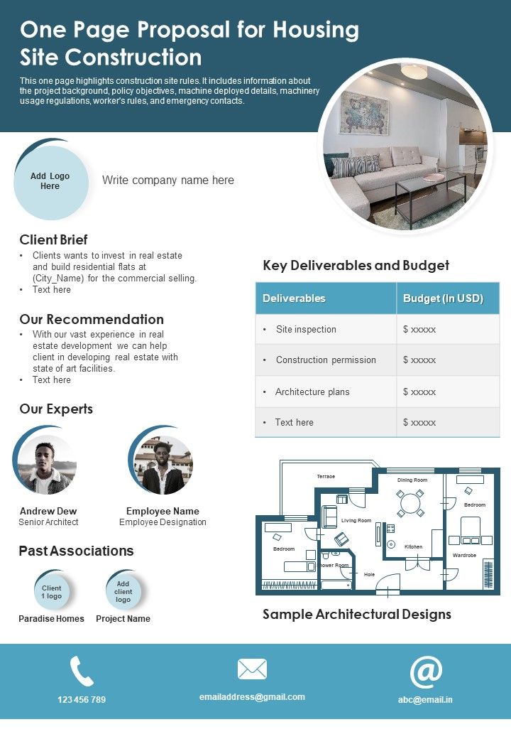One Page Proposal For Housing Site Construction PDF Document PPT Template