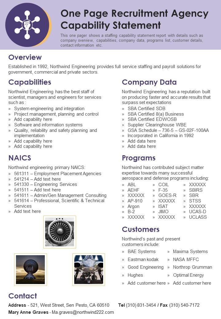 One Page Recruitment Agency Capability Statement PDF Document 