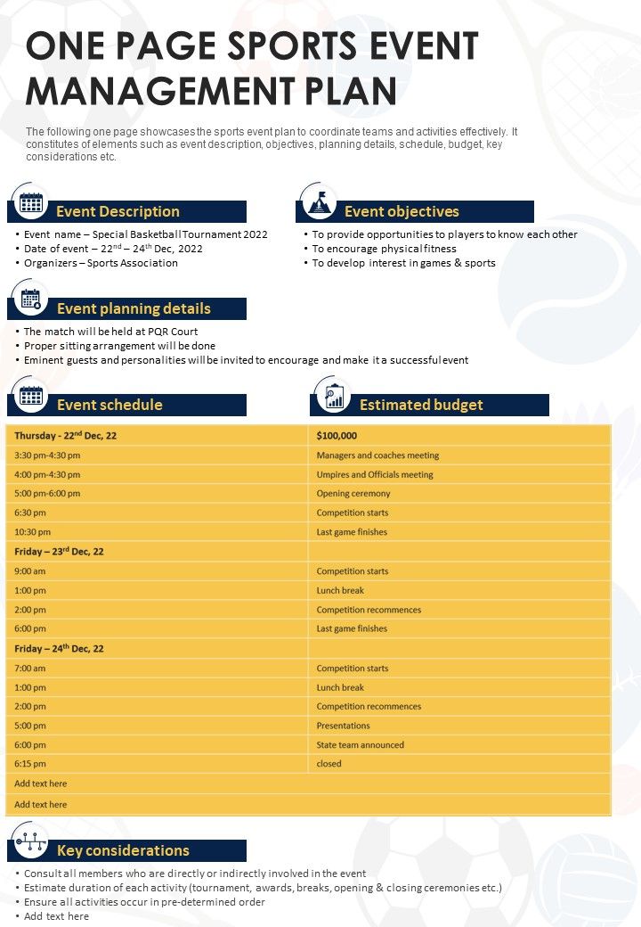 One Page Sports Event Management Plan PDF Document PPT Template