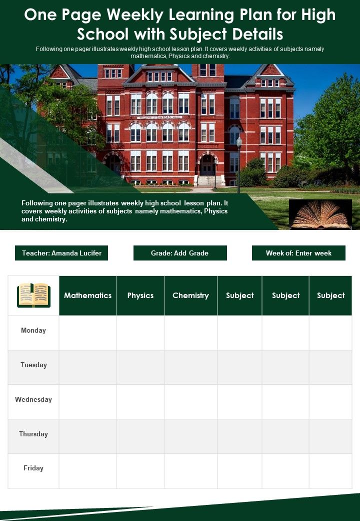 One Page Weekly Learning Plan For High School With Subject Details PDF Docu