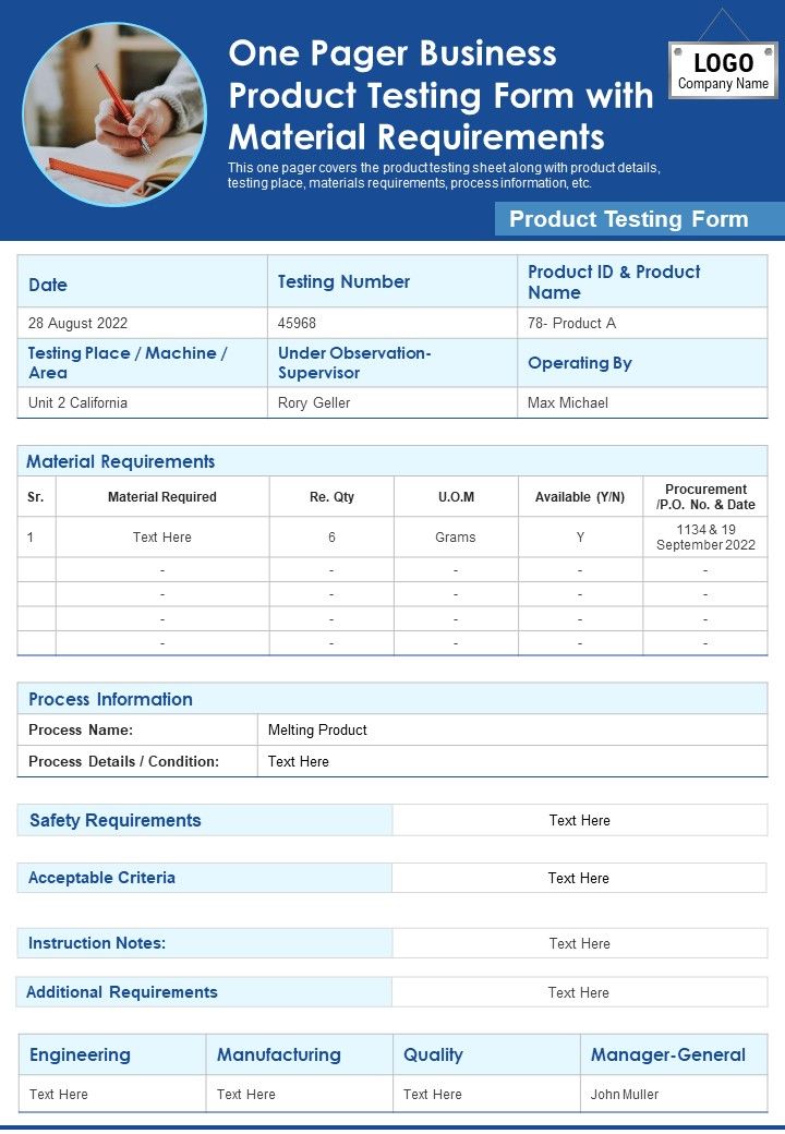 One Pager Business Product Testing Form With Material Requirements PDF