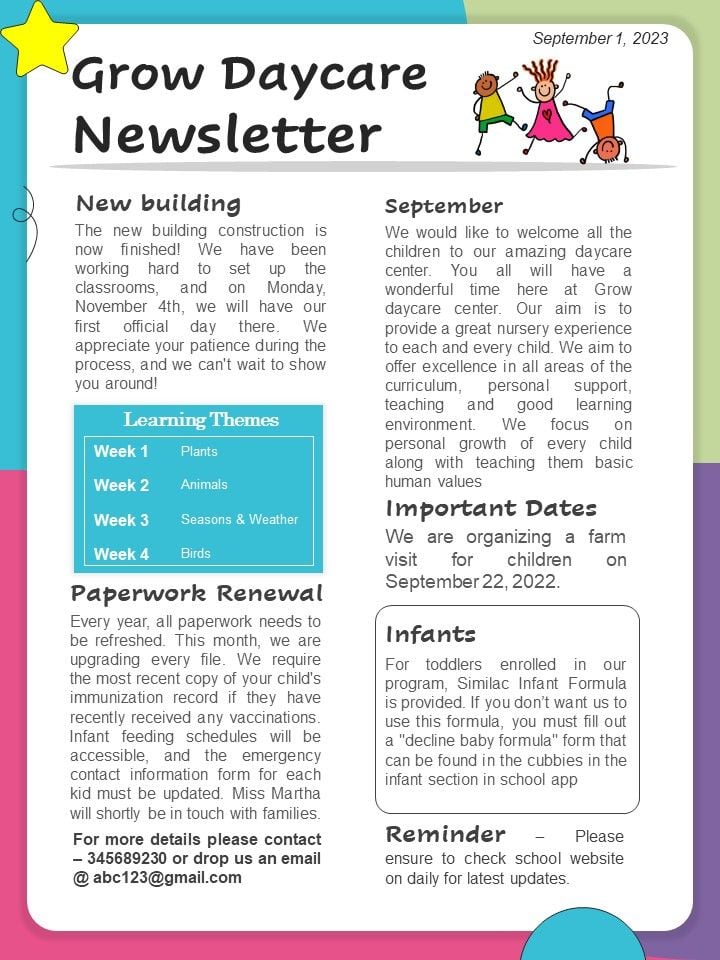 One Pager Childcare Center Newsletter PDF Document PPT Template