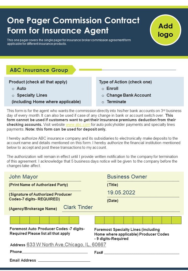 One Pager Commission Contract Form For Insurance Agent PDF Document PPT Template Slide01