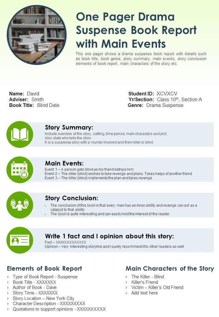 One Pager Drama Suspense Book Report With Main Events PDF Document PPT Template