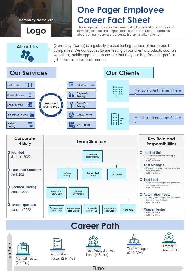 One Pager Employee Career Fact Sheet PDF Document PPT Template