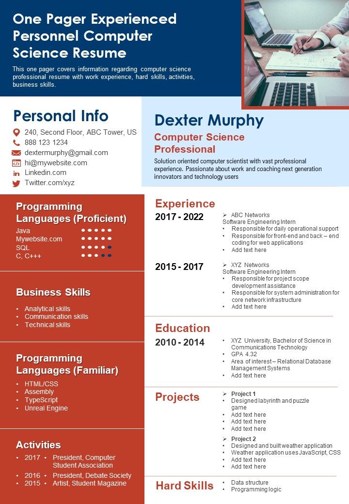 One Pager Experienced Personnel Computer Science Resume PDF Document