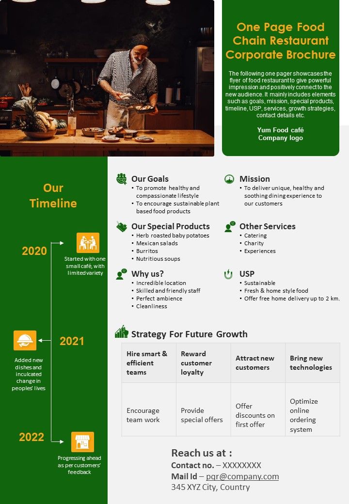 One Pager Food Chain Restaurant Business Brochure PDF Document PPT Template