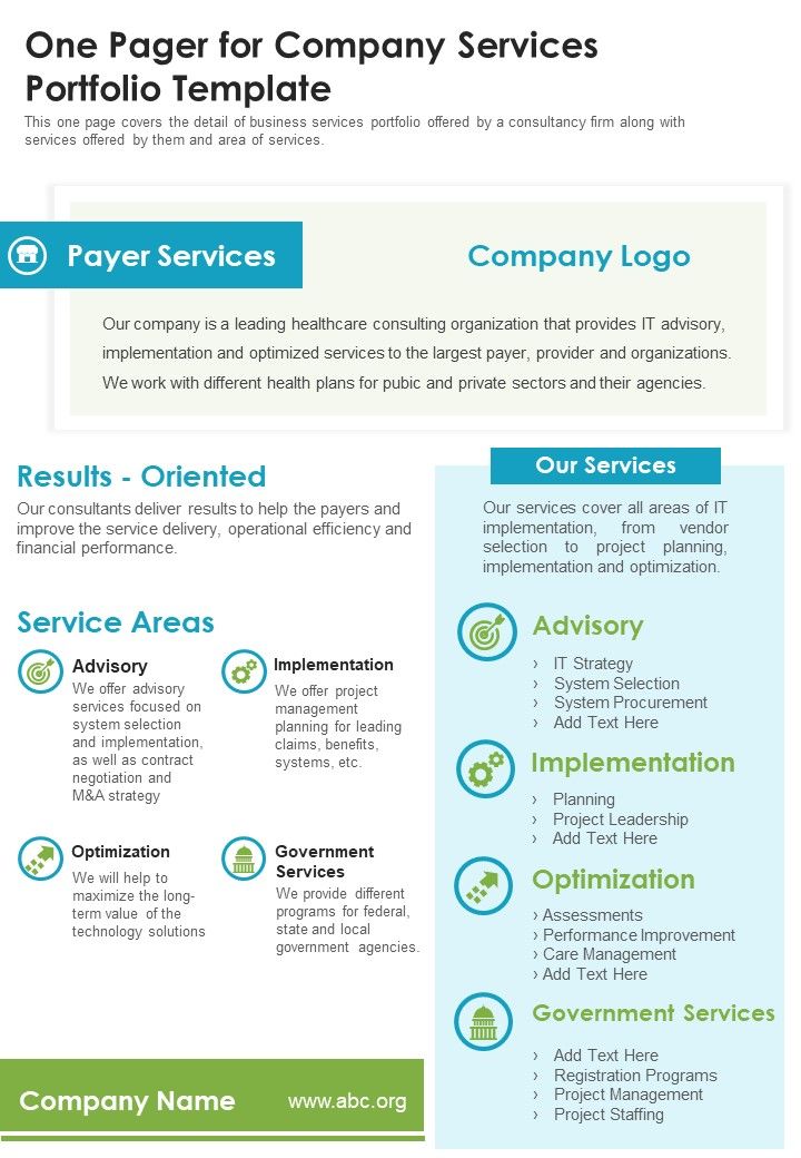 One Pager For Company Services Portfolio Template PDF Document PPT Template