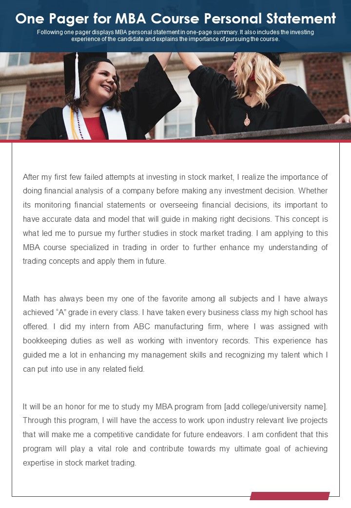 One Pager For MBA Course Personal Statement PDF Document PPT Template