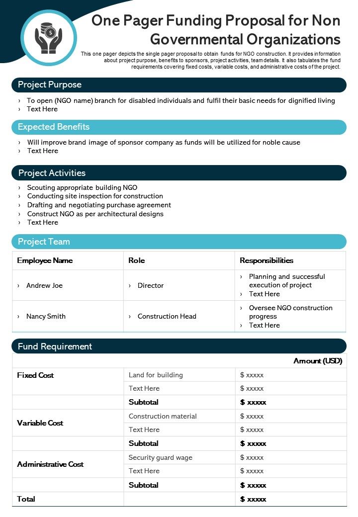 One Pager Funding Proposal For Non Governmental Organizations PDF ...