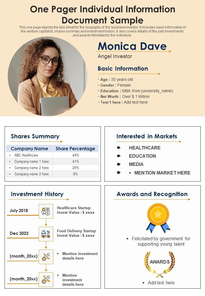 One Pager Individual Information Document Sample PDF Document PPT Template