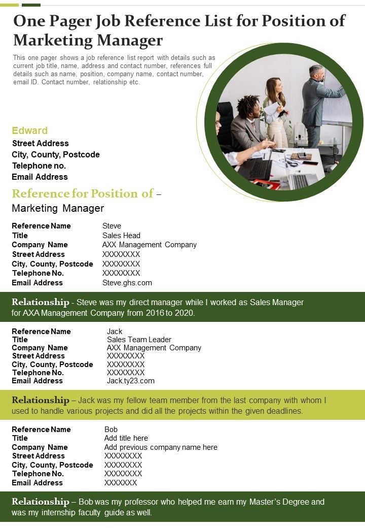 One Pager Job Reference List For Position Of Marketing Manager PDF