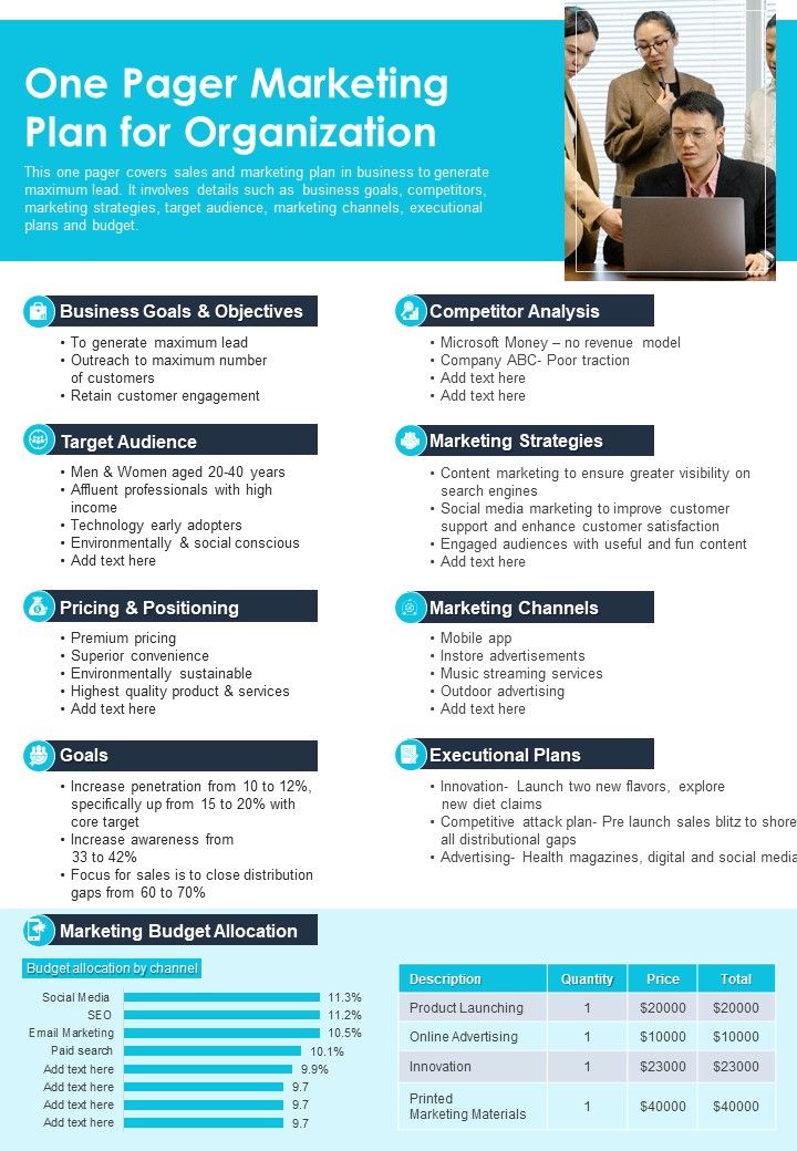 One Pager Marketing Plan For Organization PDF Document PPT Template