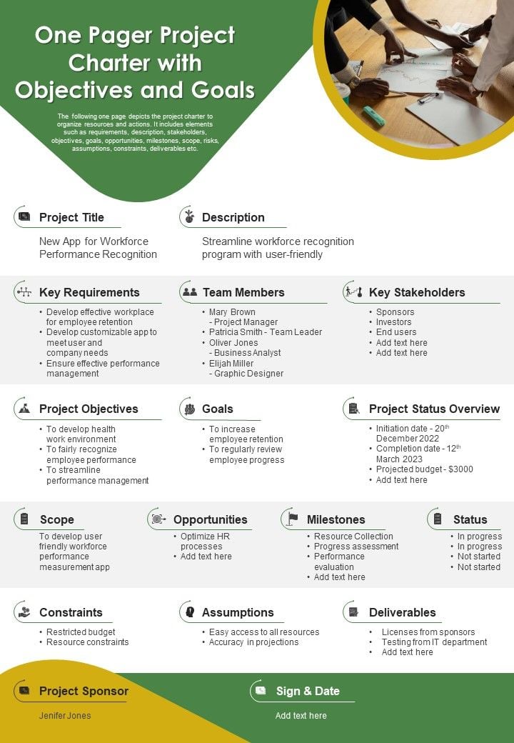 One Pager Project Charter With Objectives And Goals PDF Document PPT