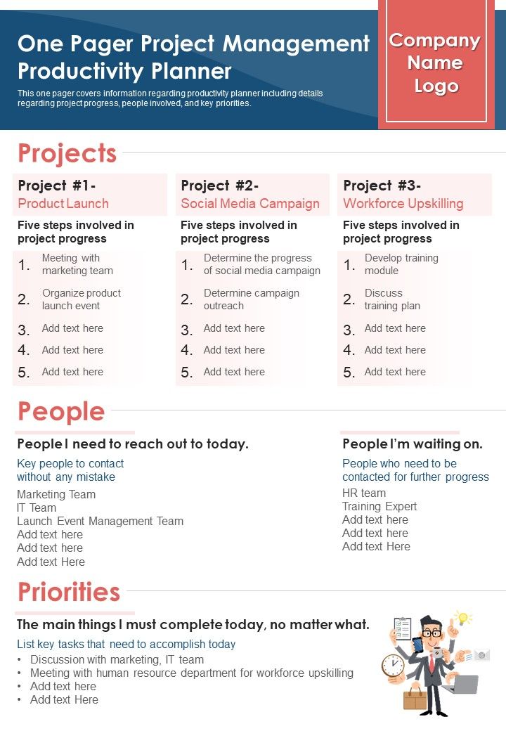 One Pager Project Management Productivity Planner PDF Document PPT Template