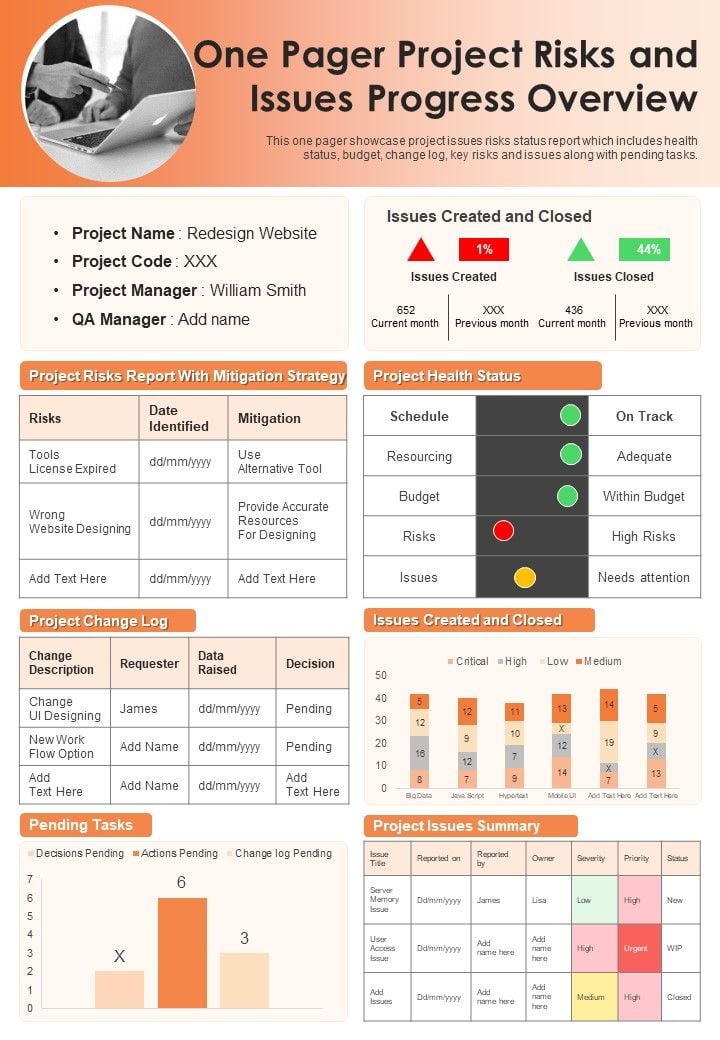 One Pager Project Risks And Issues Progress Overview PDF Document PPT