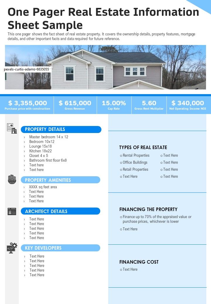 One Pager Real Estate Information Sheet Sample PDF Document PPT Template