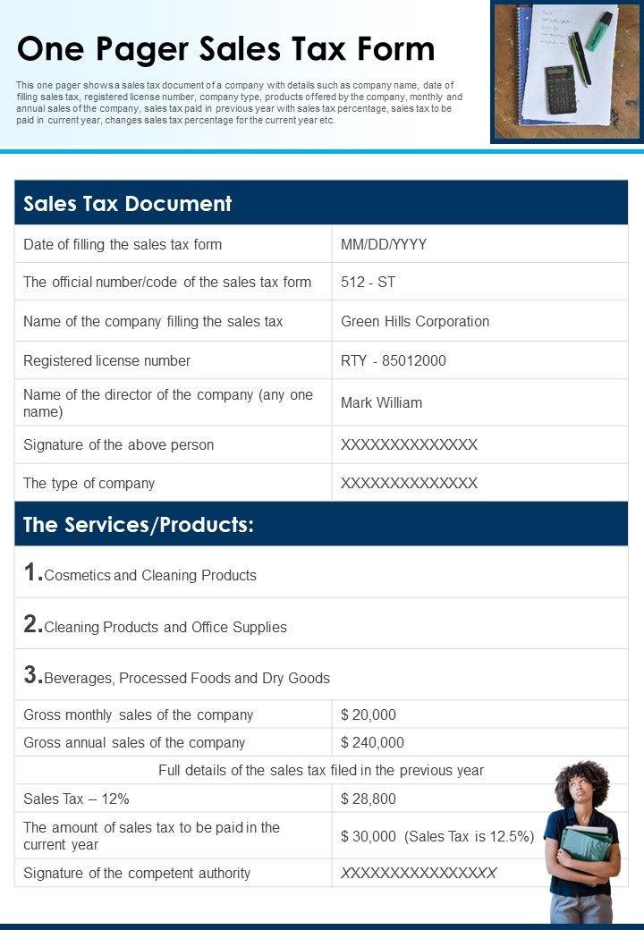 One Pager Sales Tax Form PDF Document PPT Template