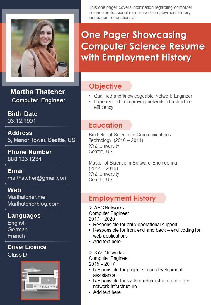 One Pager Showcasing Computer Science Resume With Employment History