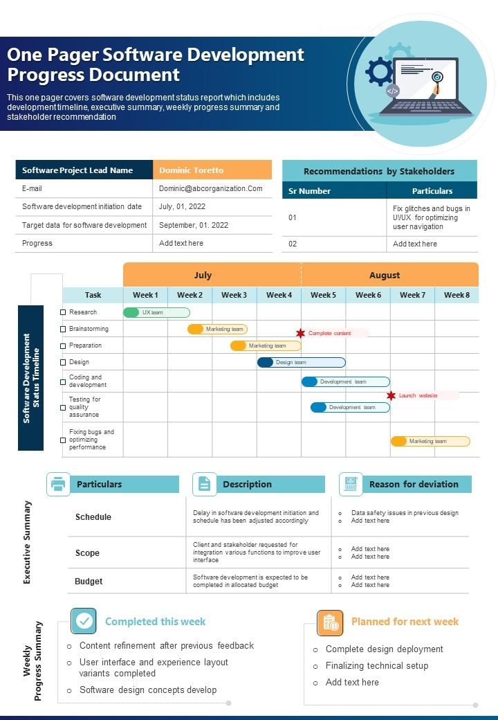One Pager Software Development Progress Document PDF Document PPT Template