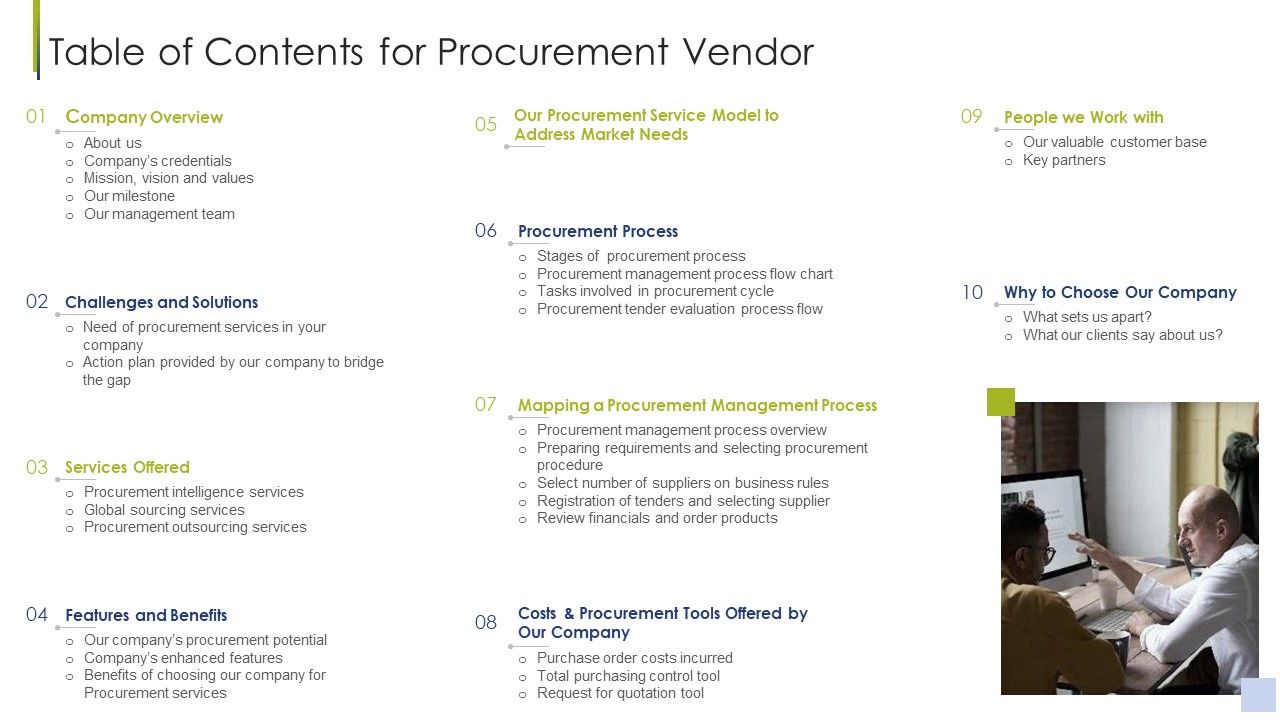 Procurement Vendor Table Of Contents For Procurement Vendor Ppt File