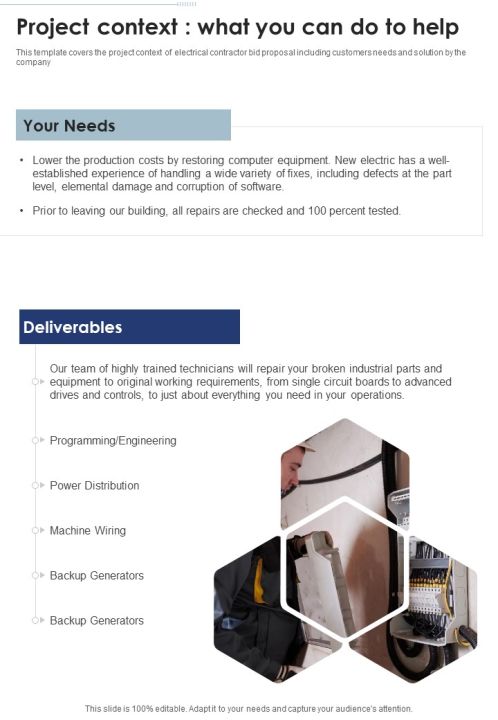 Professional Electrician Contractor Services Project Context One Pager Sample Example Document Slide01