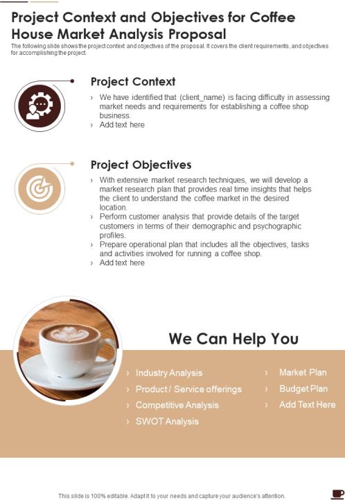 Project Context And Objectives For Coffee House Market Analysis Proposal One Pager Sample Example Document Slide01