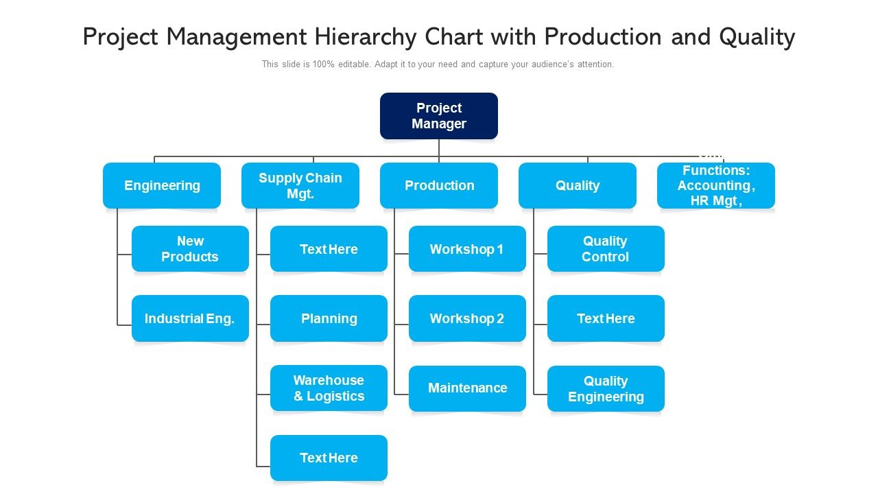 Project Management Hierarchy Chart With Production And Quality Ppt ...