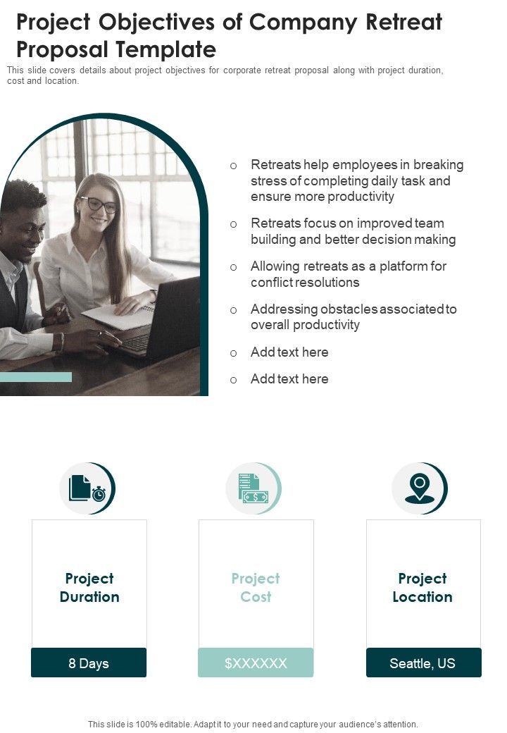 Project Objectives Of Company Retreat Proposal Template One Pager