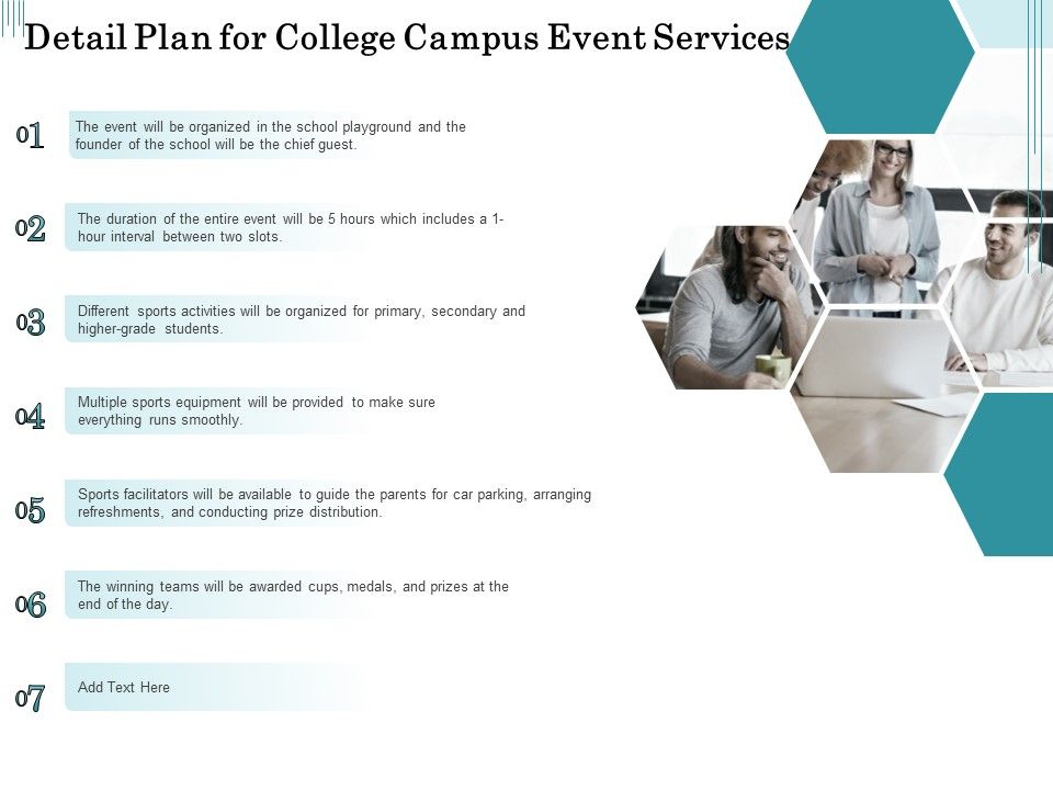 Promoting University Event Detail Plan For College Campus Event Services Ppt Model Graphics Template PDF Slide01