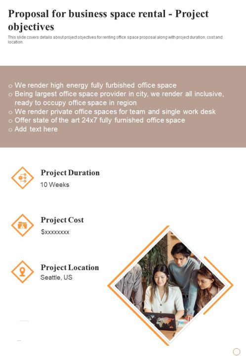 Proposal For Business Space Rental Project Objectives One Pager Sample Example Document Slide01