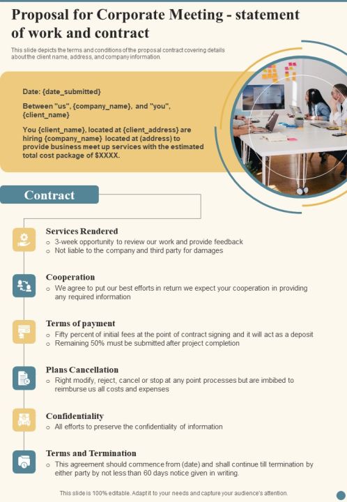 Proposal For Corporate Meeting Statement Of Work And Contract One Pager Sample Example Document Slide01