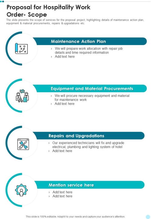 Proposal For Hospitality Work Order Scope One Pager Sample Example Document Slide01