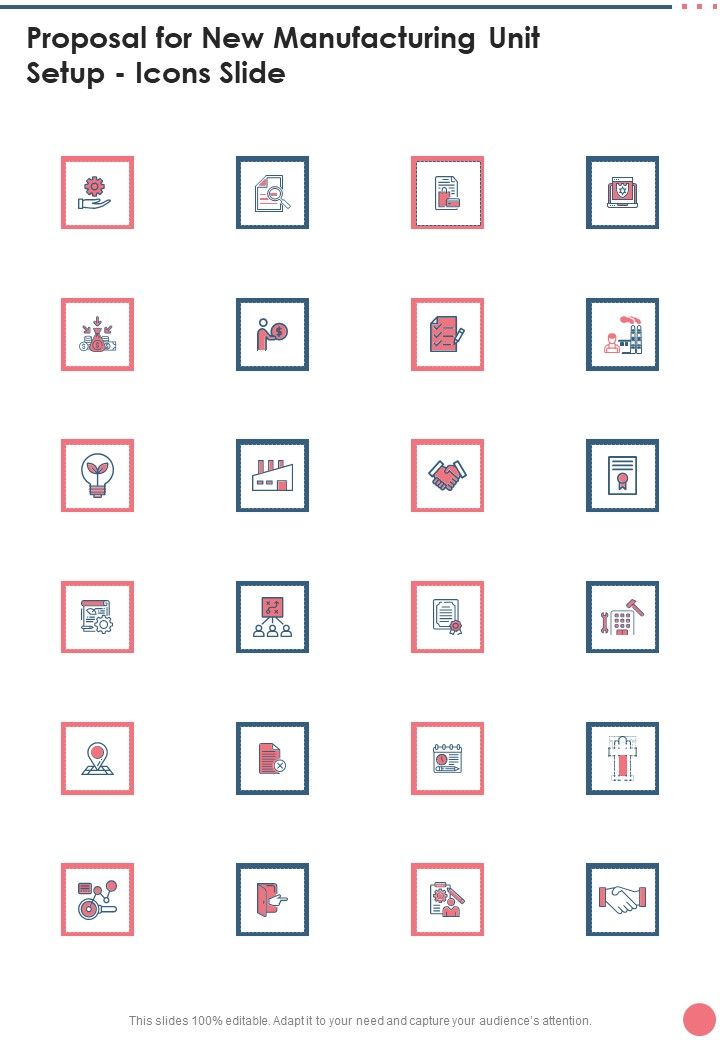 Proposal For New Manufacturing Unit Setup Icons Slide One Pager Sample Example Document Slide01