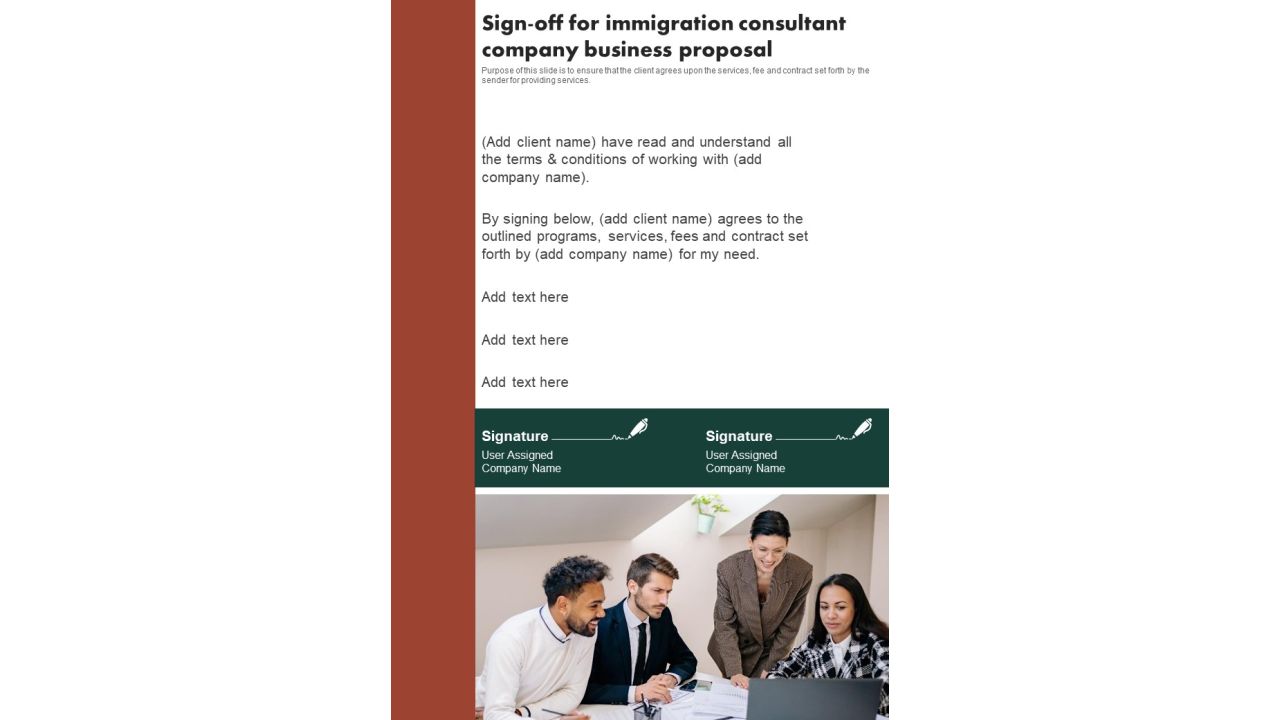 Sign Off For Immigration Consultant Company Business Proposal One Pager Sample Example Document Slide01