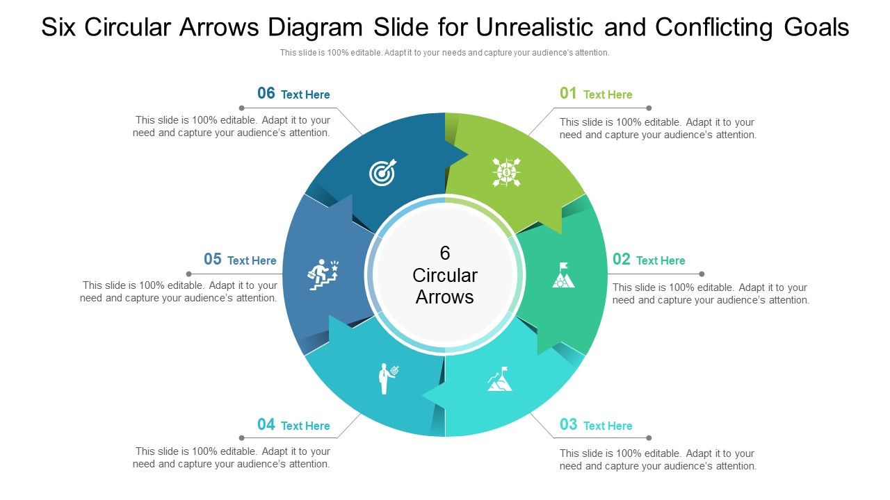 Six Circular Arrows Diagram Slide For Unrealistic And Conflicting Goals