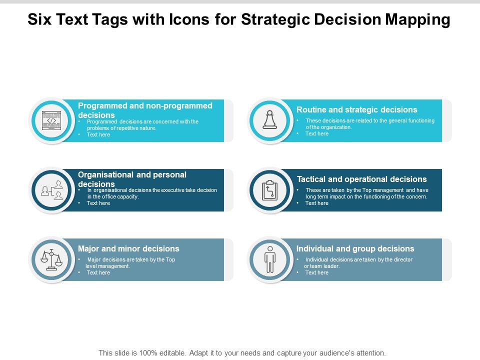 Six Text Tags With Icons For Strategic Decision Mapping Ppt PowerPoint Presentation Icon Vector Slide01
